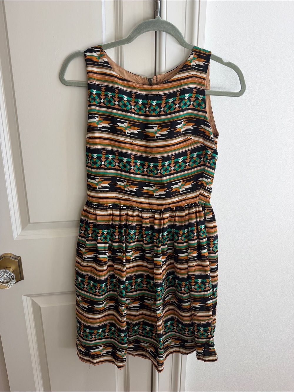 Sleeveless Patterned A-Line Dress in Green and Tan